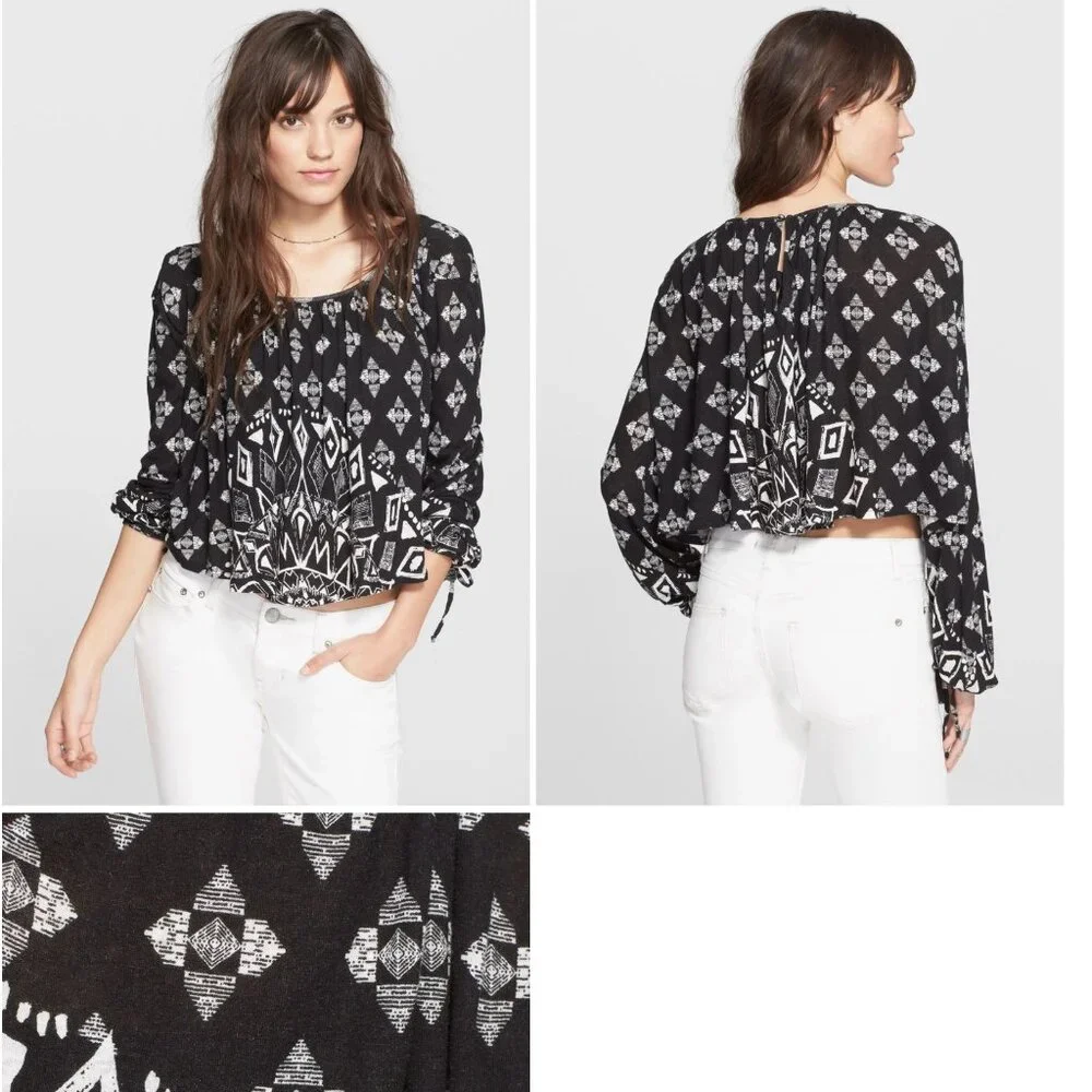 Bohemian Coastal | Free People Black Flowy Poet Blouse Drawstring Sleeve | Small